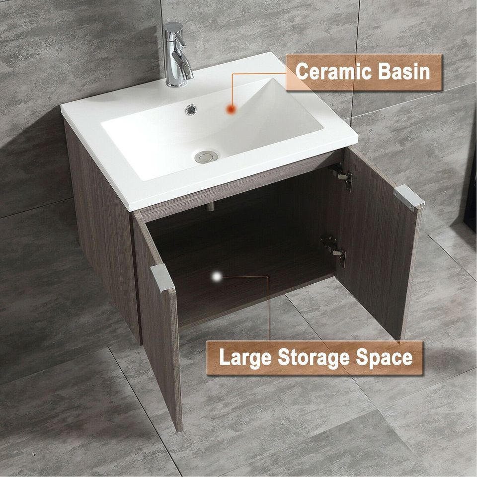 24 Inch Wall Mount Bathroom Vanity Single Wood Cabinet with Undermount Sink Basin