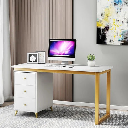 Modern 55" Wooden Home Office White Computer Desk with 3 Drawers & Side Cabinet in Gold