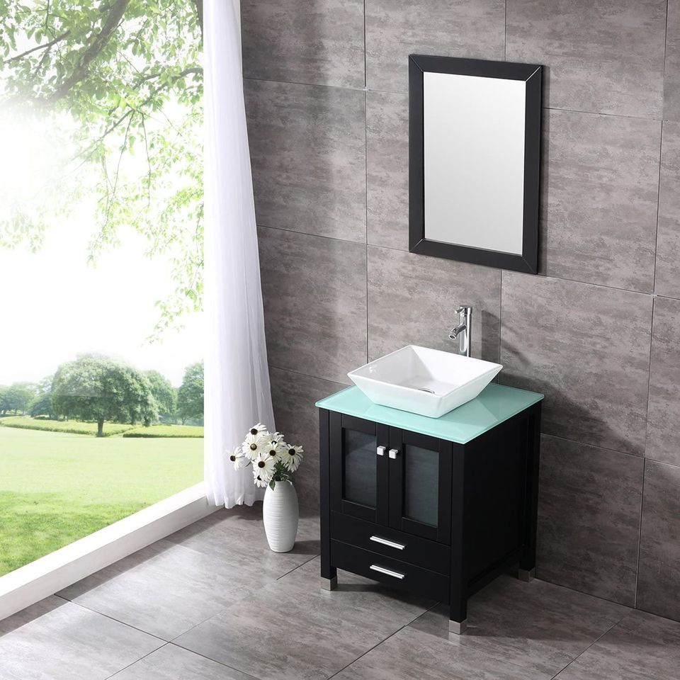 24 inch Modern Black Bathroom Vanity and Sink Combo Wood Cabinet White Square Ceramic Vessel