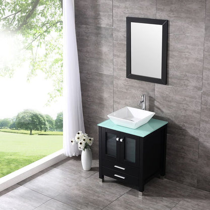 24 inch Modern Black Bathroom Vanity and Sink Combo Wood Cabinet White Square Ceramic Vessel