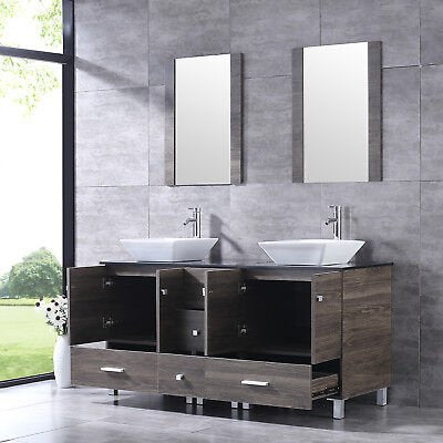 60" Bathroom Vanity Double Wood Cabinet Ceramic Vessel Sinks Combo Set w/Mirror