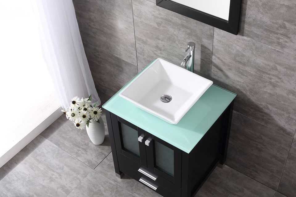 24 inch Modern Black Bathroom Vanity and Sink Combo Wood Cabinet White Square Ceramic Vessel