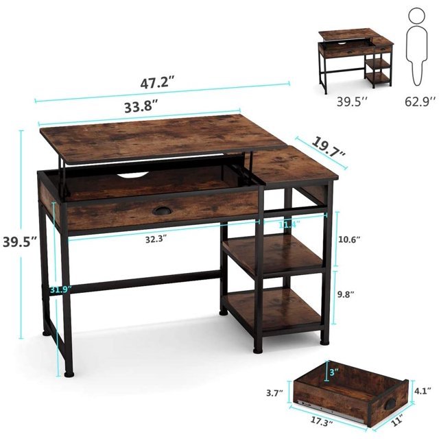 47" Lift Top Computer Desk with Drawers