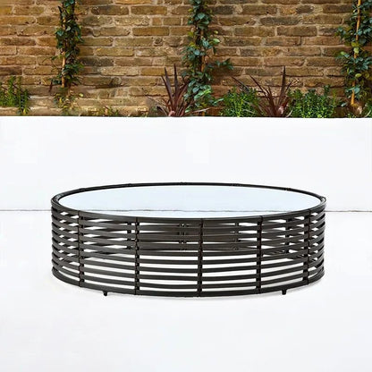 Oval Coffee Table Glass-Top Brown Rattan Base-030