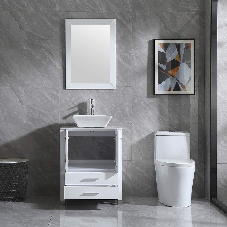 24” White Bathroom Vanity and Sink Wood Cabinet Top Ceramic Vessel Sink and Drain set with Mirror