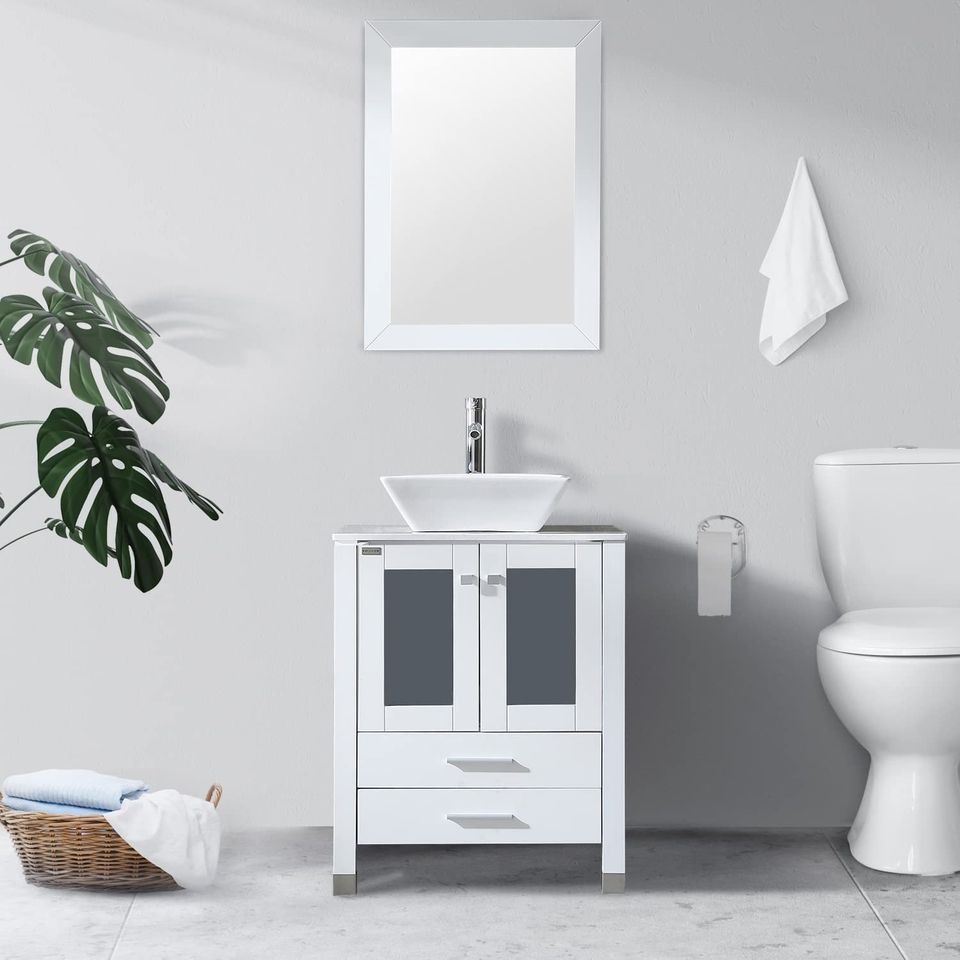 24” White Bathroom Vanity and Sink Wood Cabinet Top Ceramic Vessel Sink and Drain set with Mirror