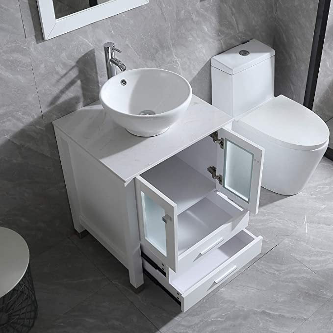 24” White Bathroom Vanity and Sink Wood Cabinet Top Ceramic Vessel Sink and Drain set with Mirror