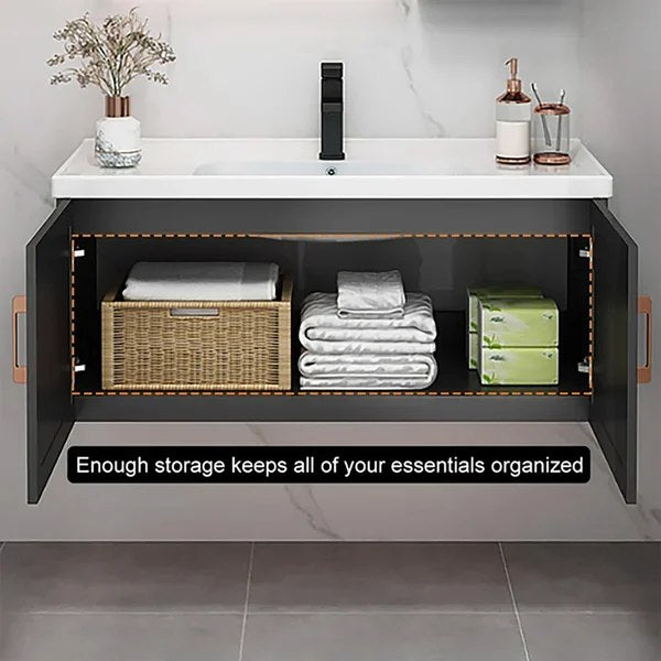 36" Black Floating Bathroom Vanity Set Drop-In Ceramic Sink with Cabinet