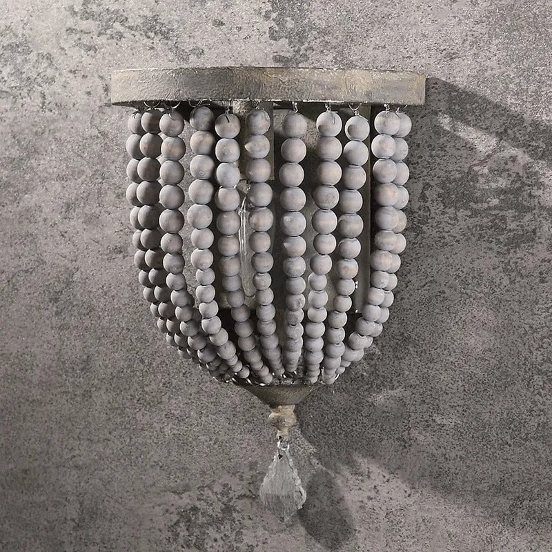 1-Light Wood Beaded Decorative Indoor Wall Sconce in Distressed Gray