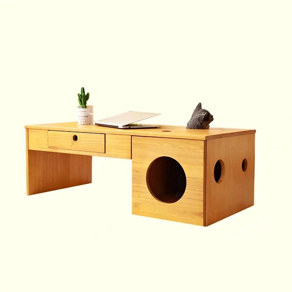 Natural Rectangular Coffee Table With Drawer & Cat Condos-346