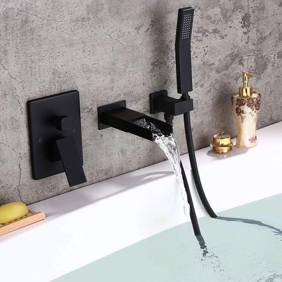 Modern Waterfall Wall-Mount Solid Brass Bathtub Faucet & Handshower in Matte Black-07