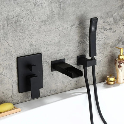 Modern Waterfall Wall-Mount Solid Brass Bathtub Faucet & Handshower in Matte Black-07