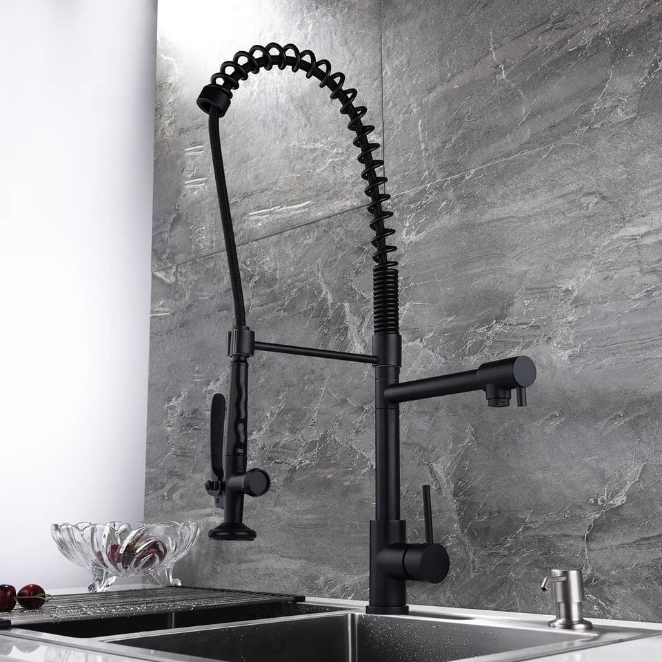 Commercial Pull Down Pre-rinse Spring Sprayer Matte Black Kitchen Sink Faucet Solid Brass