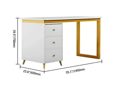 Modern 55" Wooden Home Office Gray Computer Desk with 3 Drawers & Side Cabinet in Gold