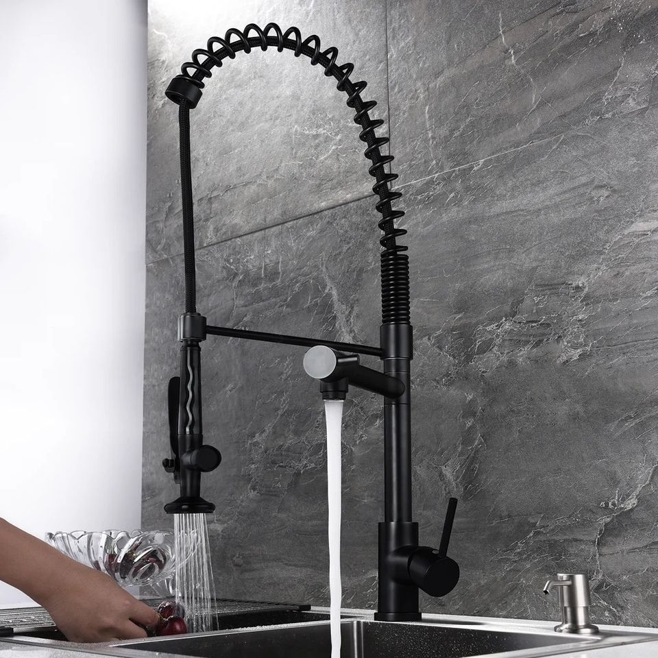 Commercial Pull Down Pre-rinse Spring Sprayer Matte Black Kitchen Sink Faucet Solid Brass