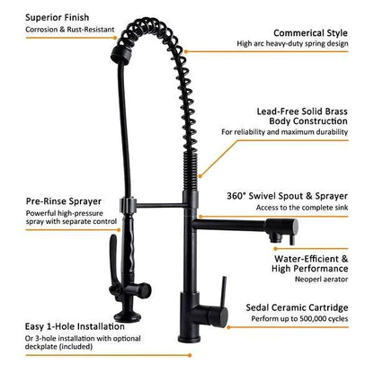 Commercial Pull Down Pre-rinse Spring Sprayer Matte Black Kitchen Sink Faucet Solid Brass