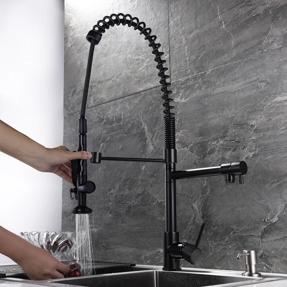 Commercial Pull Down Pre-rinse Spring Sprayer Matte Black Kitchen Sink Faucet Solid Brass