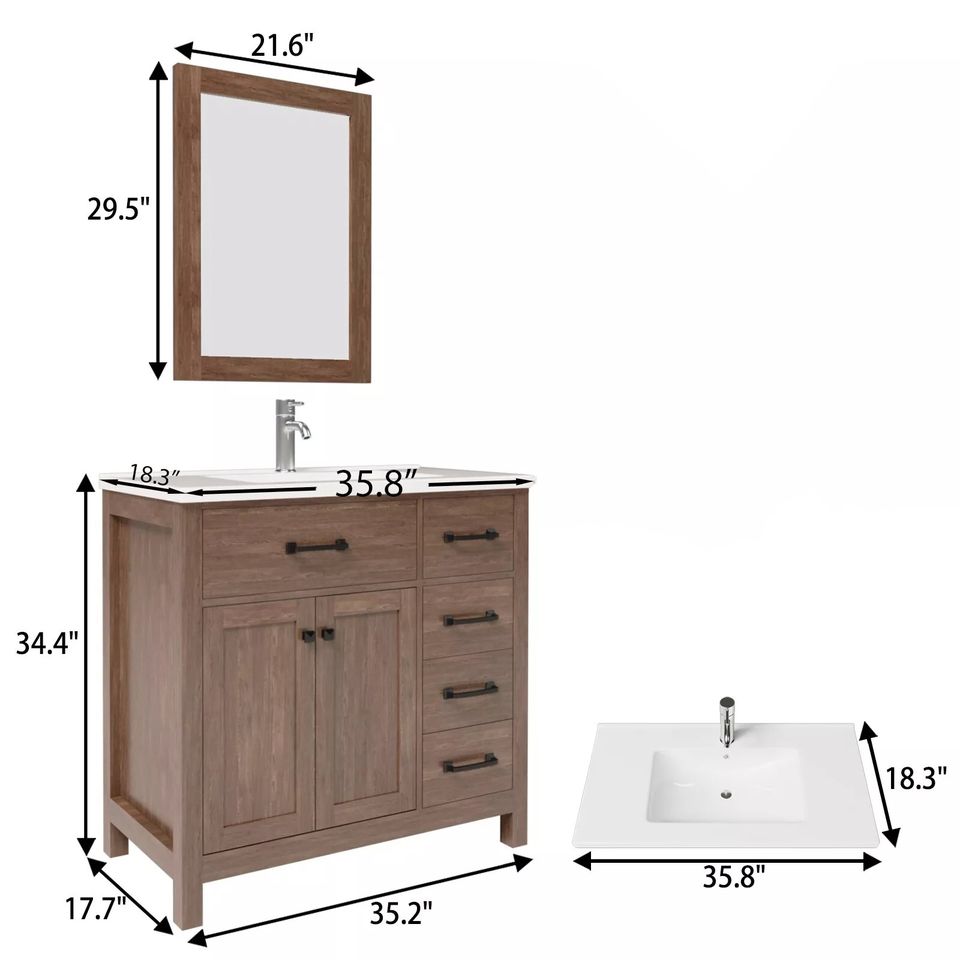 36" Bathroom Vanity Cabinet Stone Top Ceramic Sink Combo Freestanding