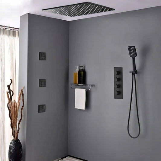 Thermostatic Black Shower System with Hand Shower and 3 Body Jets 16"