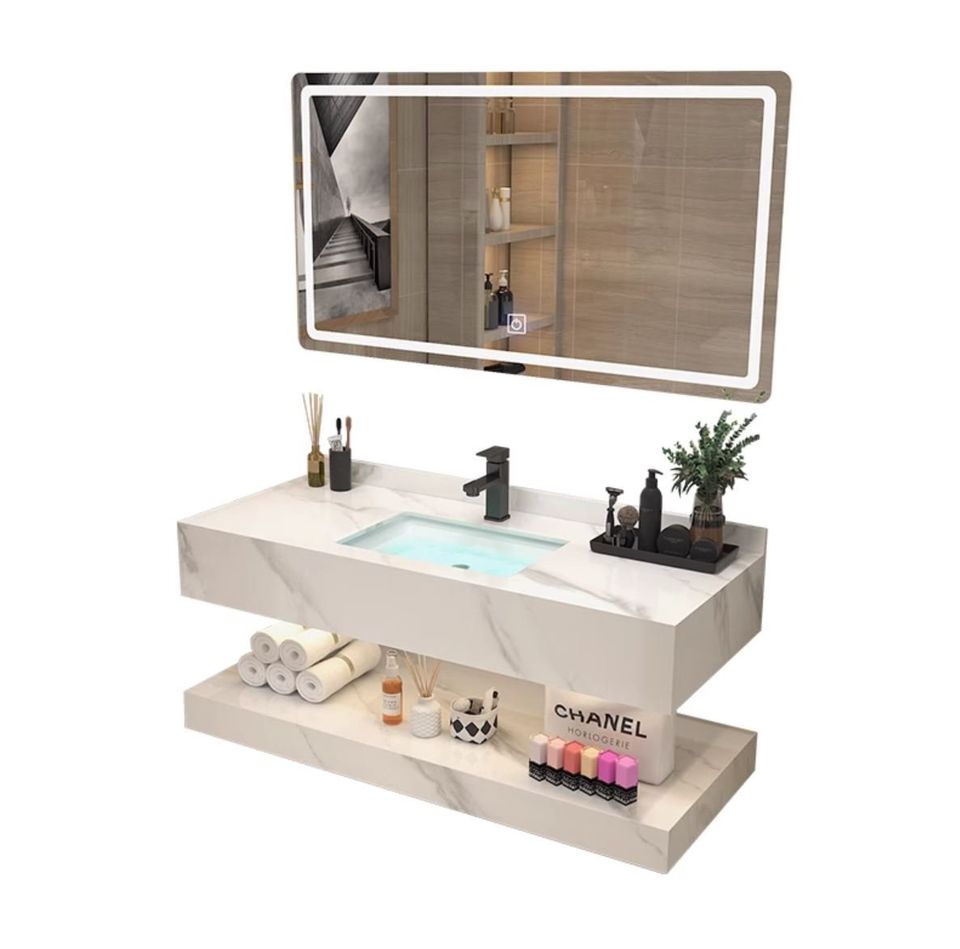 48" Floating Bathroom Vanity Set Single Sink White/Black/Gray (W/ Faucet, LED Mirror)