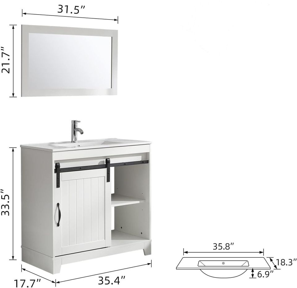 36’’ White Farmhouse Style Cabinet with Wooden Framed Mirror Combo Chrome Faucet