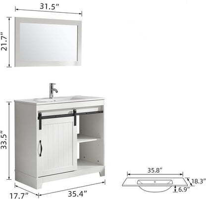 36’’ White Farmhouse Style Cabinet with Wooden Framed Mirror Combo Chrome Faucet