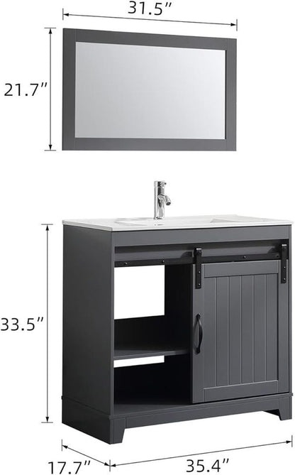 36’’ Grey Farmhouse Style Cabinet with Wooden Framed Mirror Combo Chrome Faucet