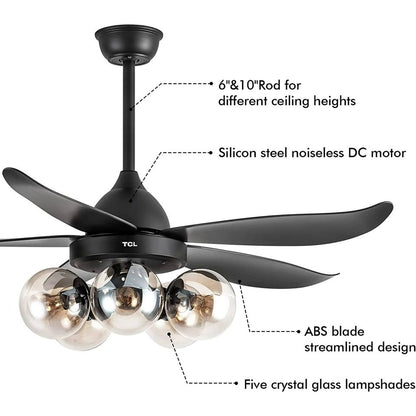 48" Black Ceiling Fan with Lights Remote Control with 5 glass lampshades for LED Bulb