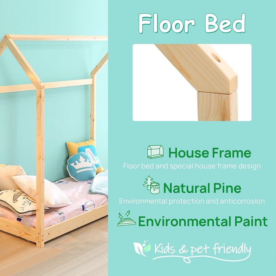 Children Toddler House Canopy Bed Frame with Mattress