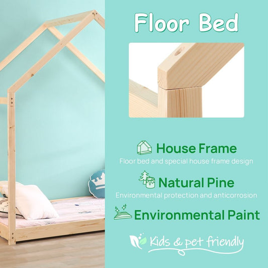 Self DIY Bedroom 66''x29'' Furniture Premium Wood Children Toddler House Bed Frame W/ Mattress