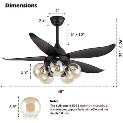 48" Black Ceiling Fan with Lights Remote Control with 5 glass lampshades for LED Bulb