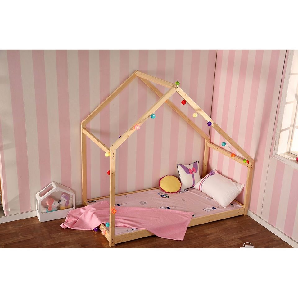 Self DIY Bedroom 66''x29'' Furniture Premium Wood Children Toddler House Bed Frame W/ Mattress