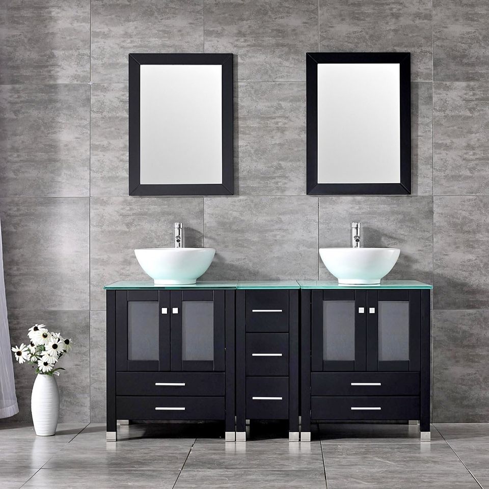 60” Black Bathroom Vanity and Sink Combo Double Wood Cabinet Vessel Sink