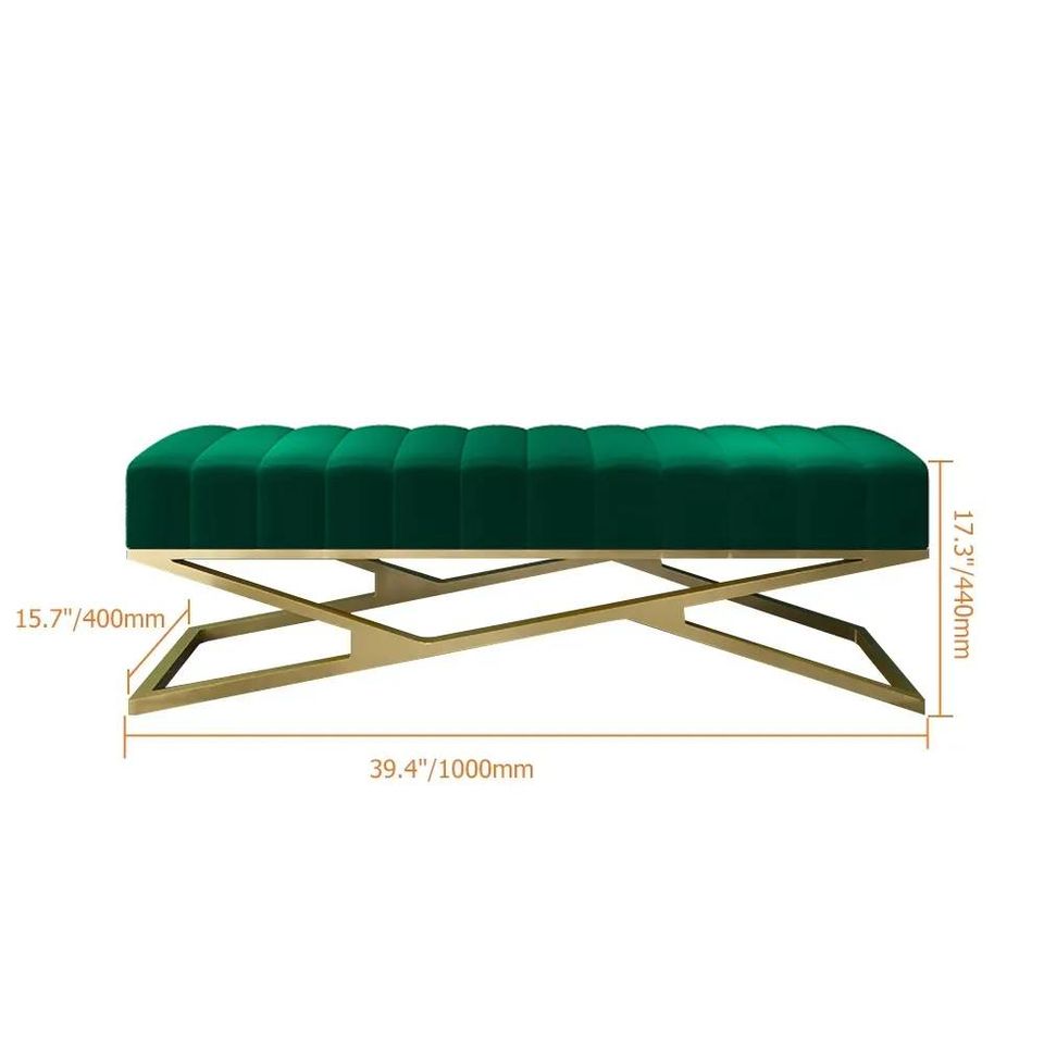 Modern Entryway Bench Green Velvet Upholstered Ottoman Bench In Gold