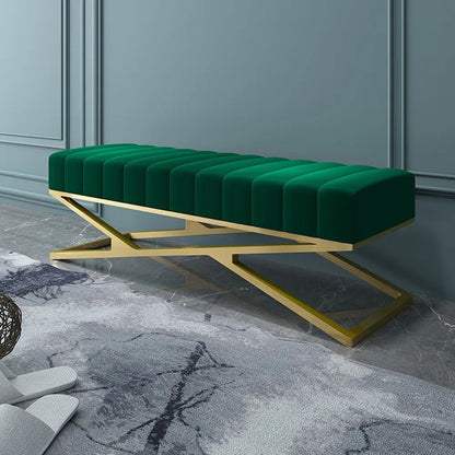 Modern Entryway Bench Green Velvet Upholstered Ottoman Bench In Gold