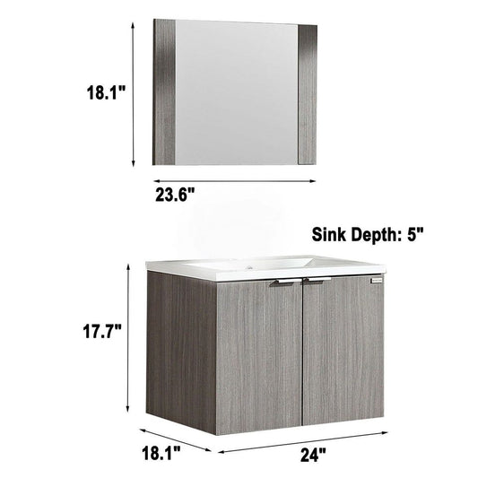 24 Inch Wall Mount Bathroom Vanity Single Wood Cabinet with Undermount Sink Basin