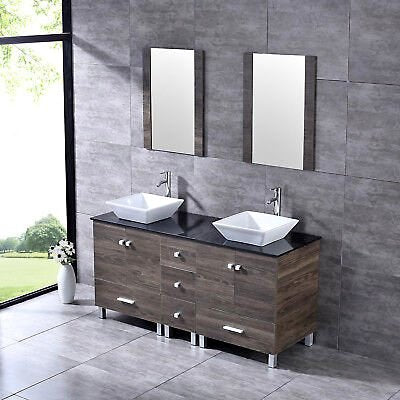 60" Bathroom Vanity Double Wood Cabinet Ceramic Vessel Sinks Combo Set w/Mirror