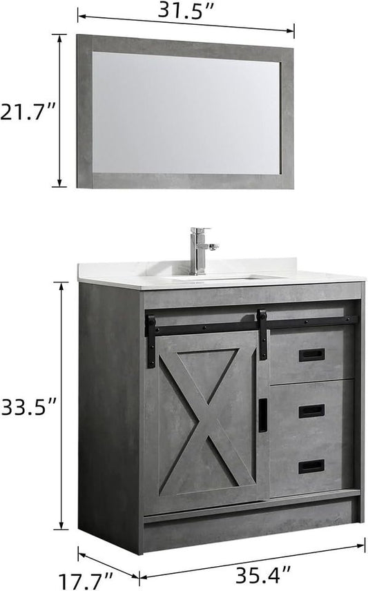 36” Grey Bathroom Vanity with Sink Modern Wood Cabinet Basin Vessel Set with Mirror