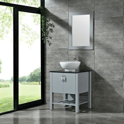 24” Bathroom Vanity Cabinet w/ vessel sink Mirror & Glass countertop Modern Gray Large Capacity