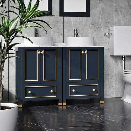 48" Wood Double Sink Bathroom Vanity Cabinet Combo w/Marble Top Dark Navy Blue