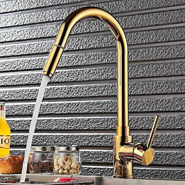 Luxurious High-Arc Single Handle 1-Hole Solid Brass Pull-out Spray Kitchen Faucet