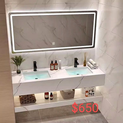 60" Floating Bathroom Vanity Set Double Sink White/Black/Gray (W/ Faucet, LED Mirror)