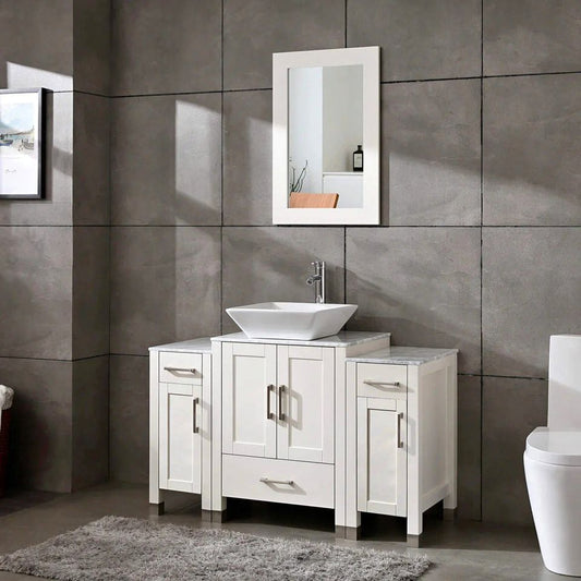 48" White/Gray Bathroom Vanity with Sink, Marble Pattern Top & Mirror