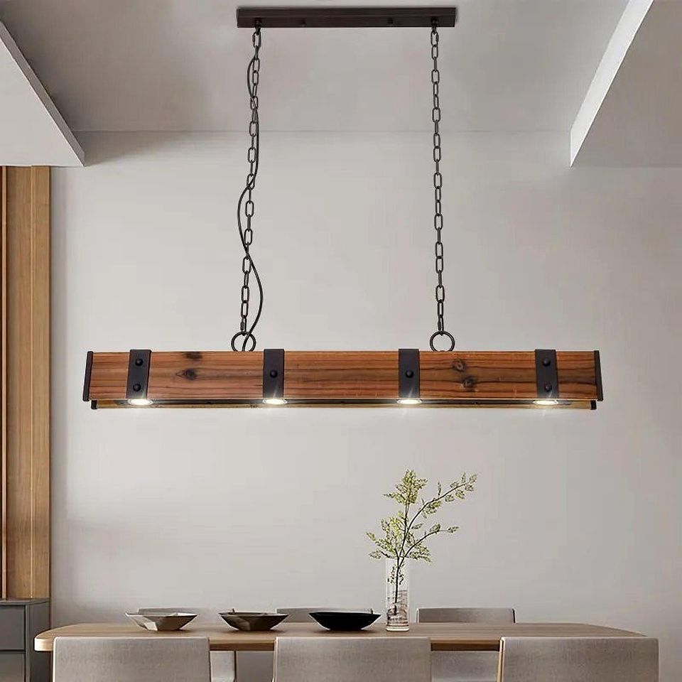 Rowen Rustic 4-Light LED Linear Rust Wood & Metal Island Pendant Light