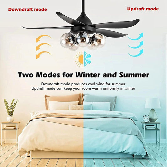 48" Black Ceiling Fan with Lights Remote Control with 5 glass lampshades for LED Bulb