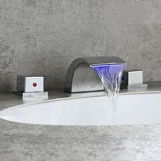 Waterfall Widespread Sink Faucet With LED Lights Double Knobs