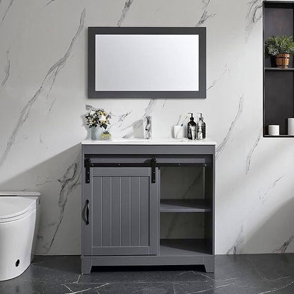 36’’ Grey Farmhouse Style Cabinet with Wooden Framed Mirror Combo Chrome Faucet