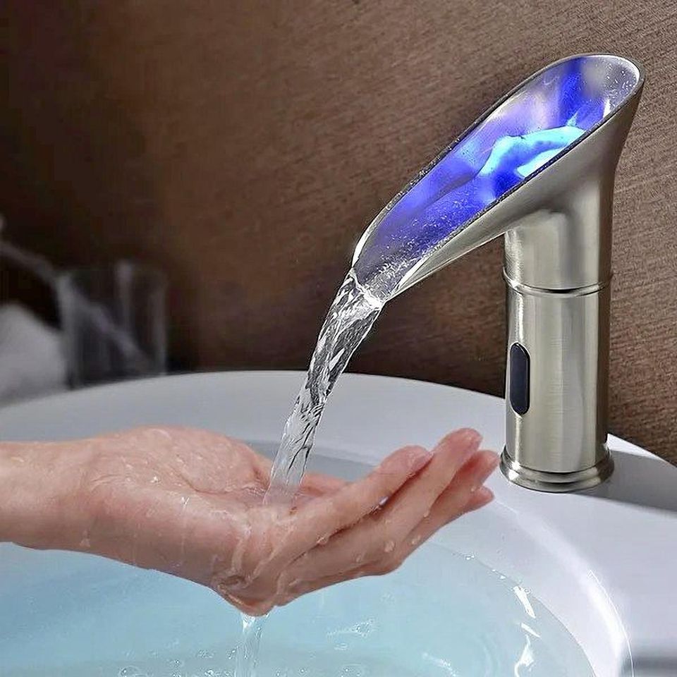 LED Single Hole Touchless Electronic Bathroom Sink Waterfall Faucet in Brushed Nickel