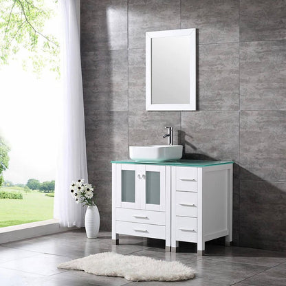 White 36” White Bathroom Vanity and Sink Combo Wood Vanity Cabinet Ceramic Vessel Sink with Mirror