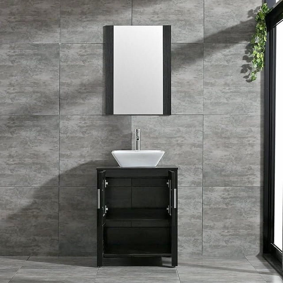 24" Bathroom Vanity Wood Grain Cabinet in Espresso with Vessel sink & mirror